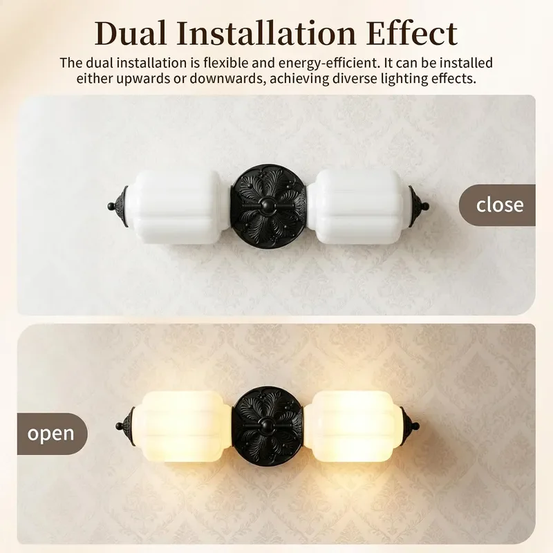 Vintage Milk Glass Bathroom Vanity Light 2-Light Wall Sconce with Black Antique Base E12 Bulbs Included Adjustable 3-Color