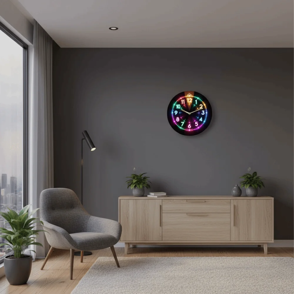 Creative 2D Flat Wall Clock Round Silent Wooden Alarm Clock Early Education LED Digital Display Electronic Color Clock Learning