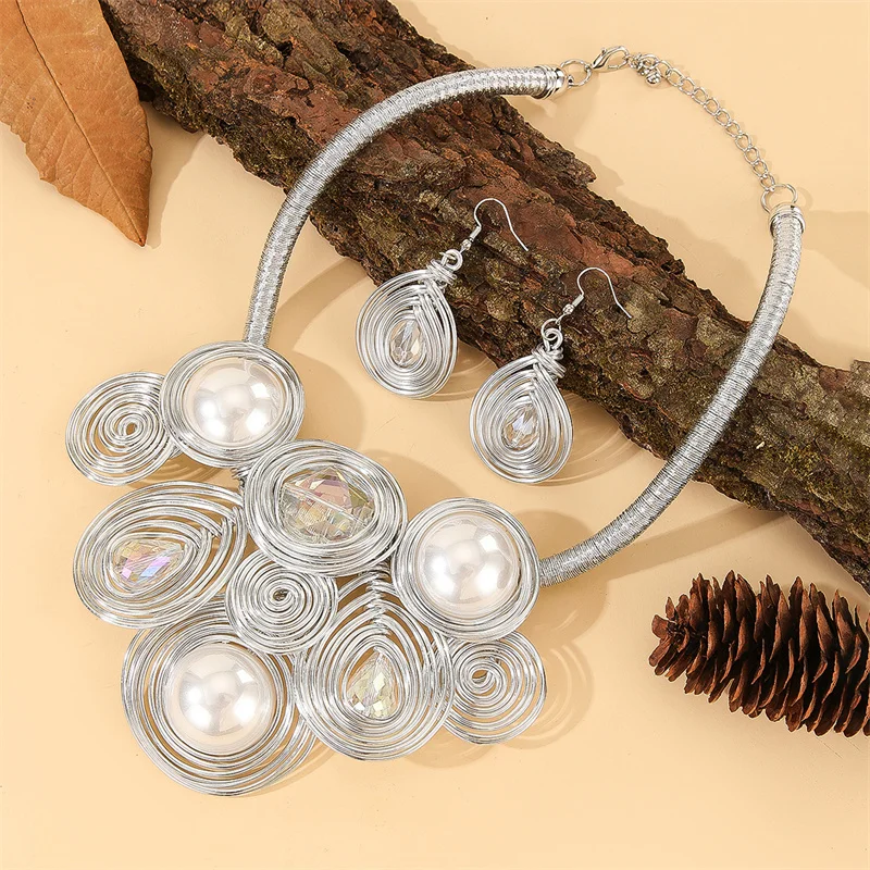 New African Flowers Jewelry Set Aluminium Wire Necklace Earrings Set For Women Party Wedding Dress