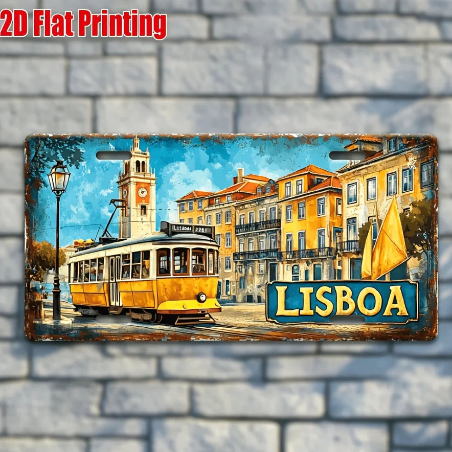2D Flat, 2D Flat Design, 2D Flat License Plate, 1pc Vintage Metal Plate—Lisbon Tram Scene Aluminum Panel, Size 11.8 Inches × 5.9