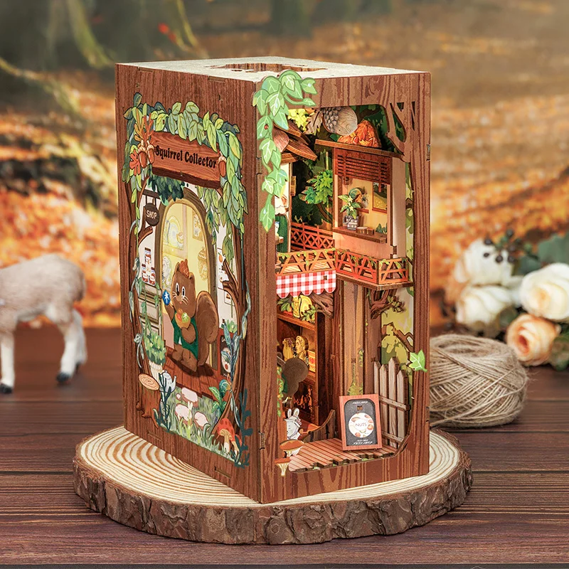 CUTEBEE DIY Book Nook Kit Wooden Dollhouse 3D Puzzle with Light Cartoon Style Bookshelf Insert Decor Gift Squirrel Collector