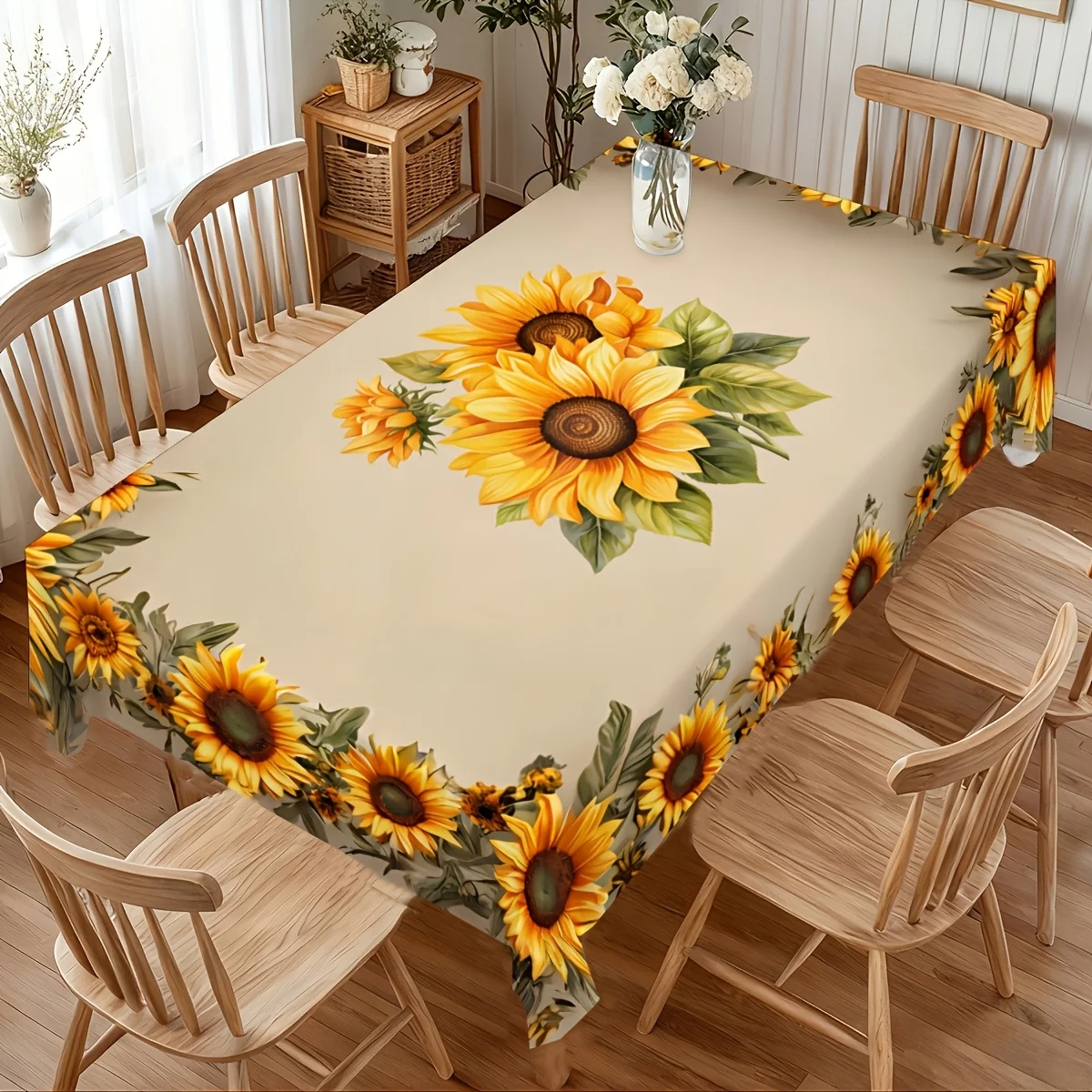 Spring and Summer Yellow Sunflower Pattern Tablecloth, with graphic design, suitable for both indoor and outdoor decoration.
