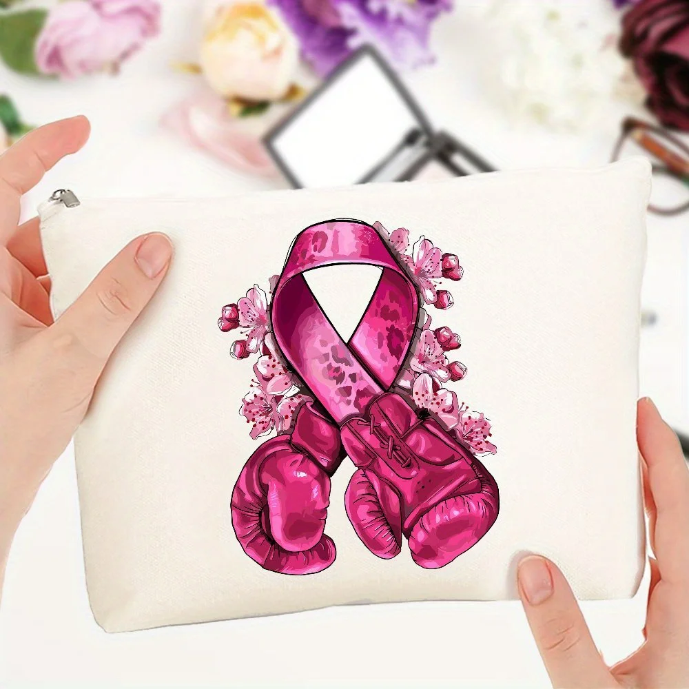 Breast Cancer Awareness Canvas Makeup Bag with Pink Boxing Glove Print Fashion Toiletry Pouch Women, Zippered Cosmetic Organizer