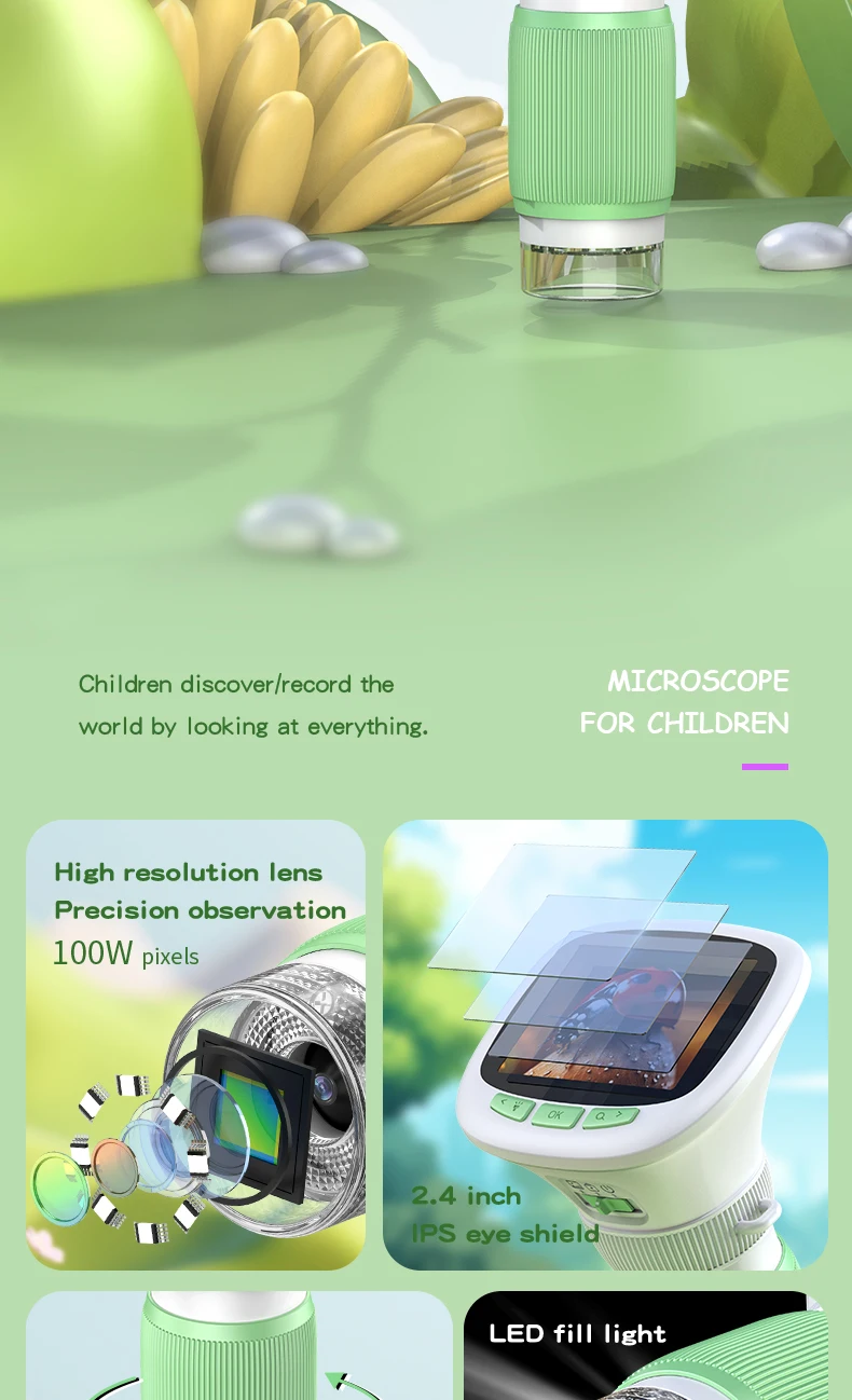 Children's Handheld Microscope with Rotating Focus and 2.4-Inch High-Definition Screen for Outdoor Children's Science Microscope