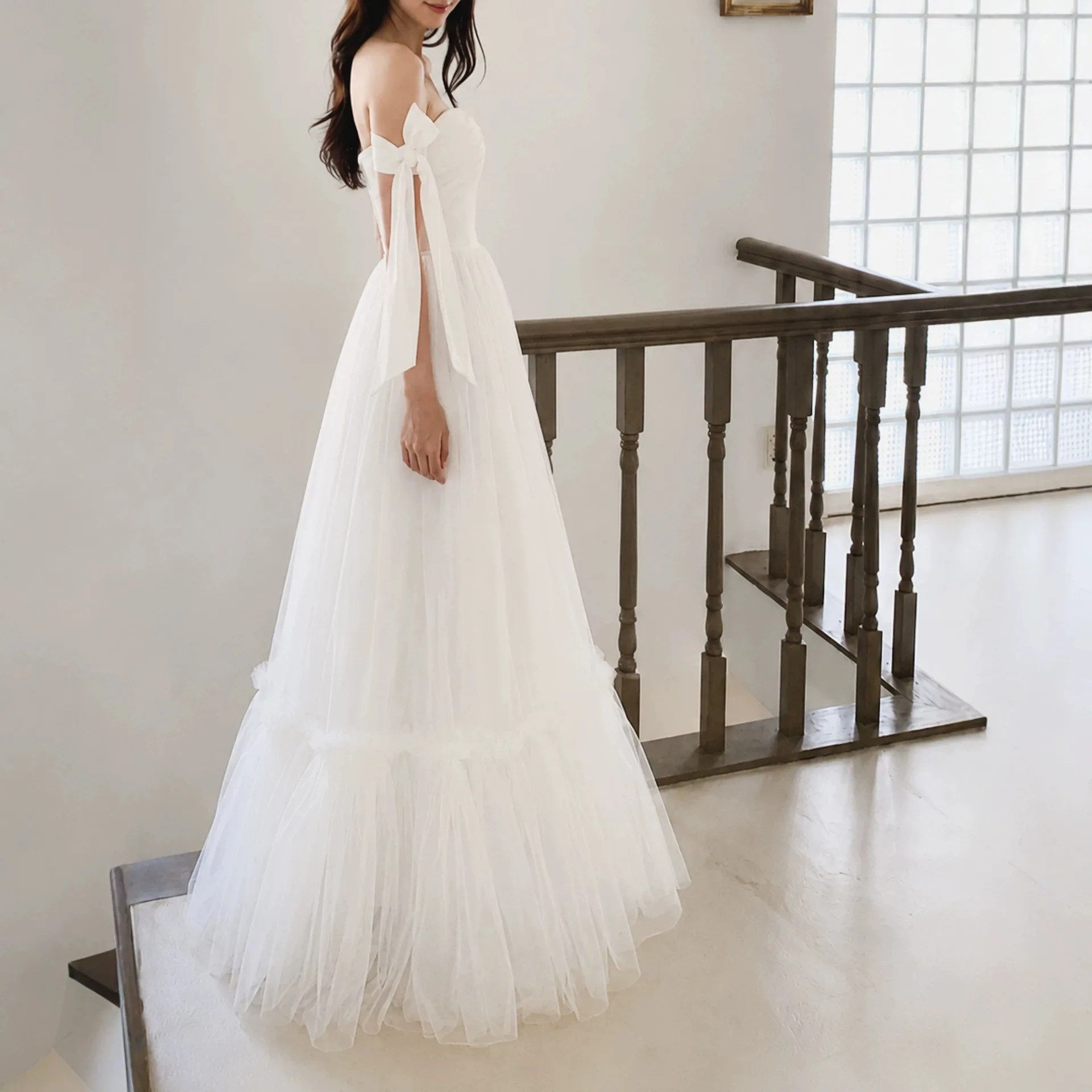 Strapless Tulle Wedding Dress With Bow Sleeves Sweetheart Neck A‑Line Floor‑Length Bridal Gown Custom Color Wedding Party Dress
