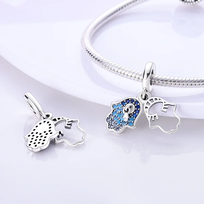 925 Sterling Silver Hamsa Hand Evil Eye Charms Color S925 Beads Pendent Fit Original Bracelets DIY Fine Jewelry Gifts for Women
