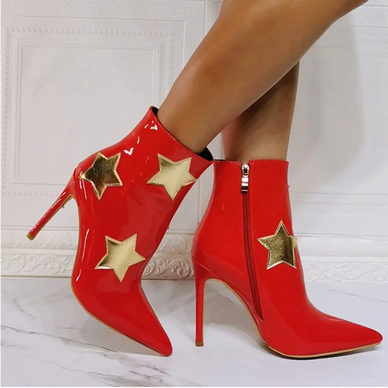 

Hot Sale Sexy New Designer Women High Heel Pointed-toe Five-stars Chcristmas Style Large Size 35-47 Ankle Boots Fashion Shoes