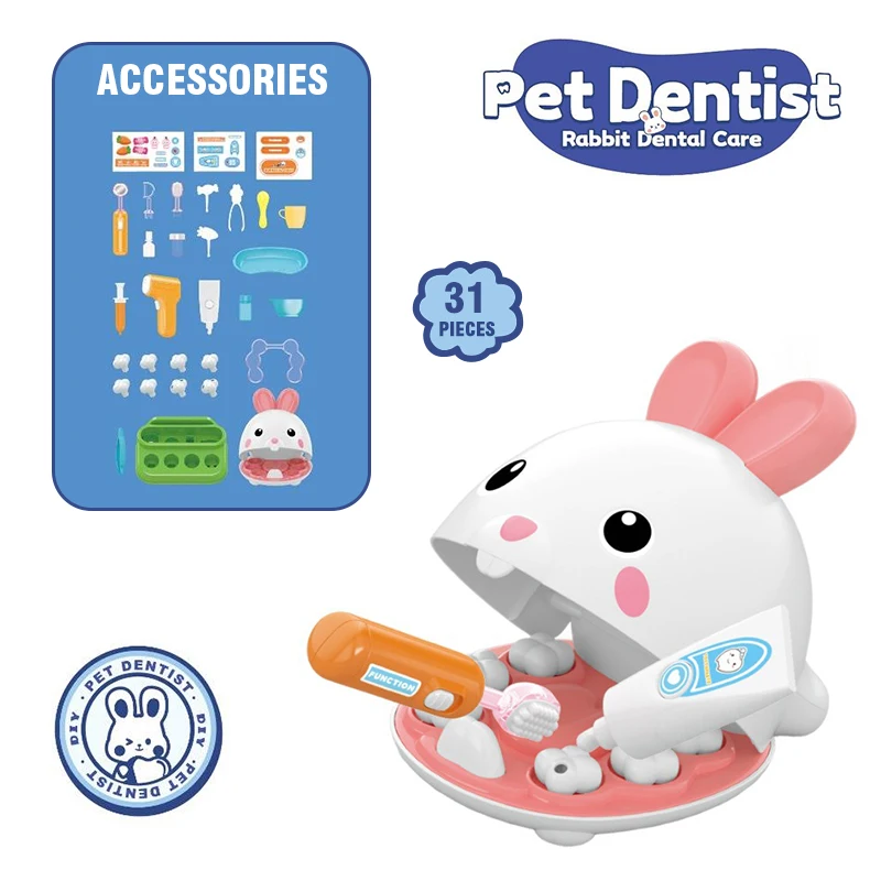 Ensemble de jouets de dentiste pour enfants de 31 pièces, jouet de jeu de simulation pour soins des dents de lapin, jouet de médecin réaliste
