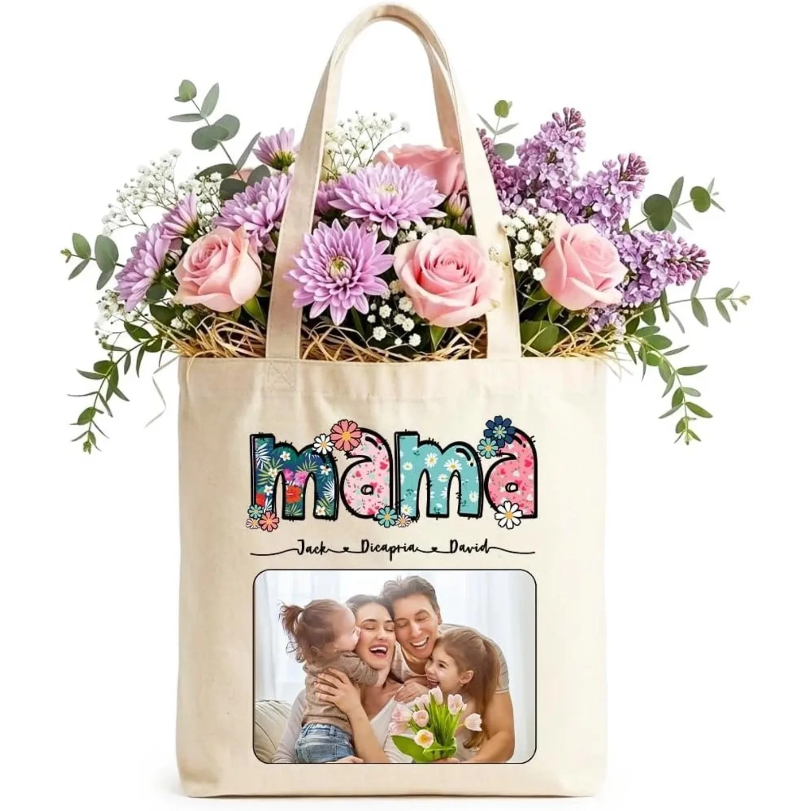 Custom Name & Image Canvas Tote Bag,  Because Family Gift for Mom and Dad
