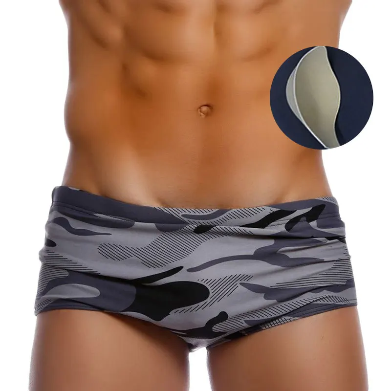 

Men's wild gray camouflage boxer swimming trunks with cup size U convex fashion personalized boxers men