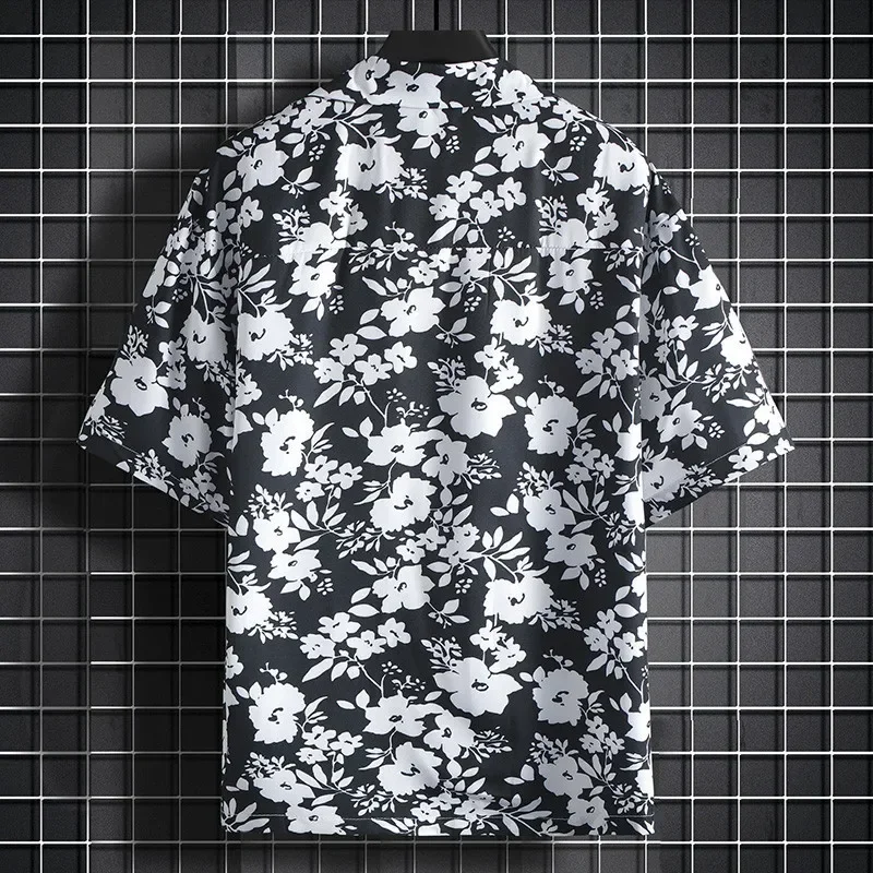 Cuban Collar Shirt Men's Black and White Printed Top Pocket Polo Summer Short Sleeved Beach Shirt Party First Clothing