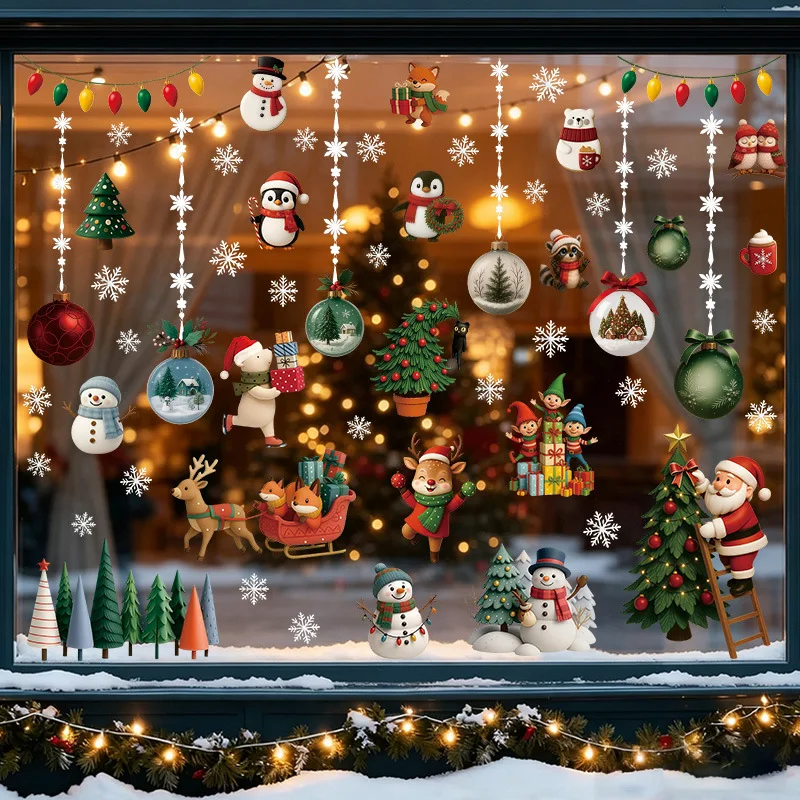 New Christmas Static Window Clings, Snowman Santa Reindeer Snowflake PVC Decals for Glass Door Window Decor