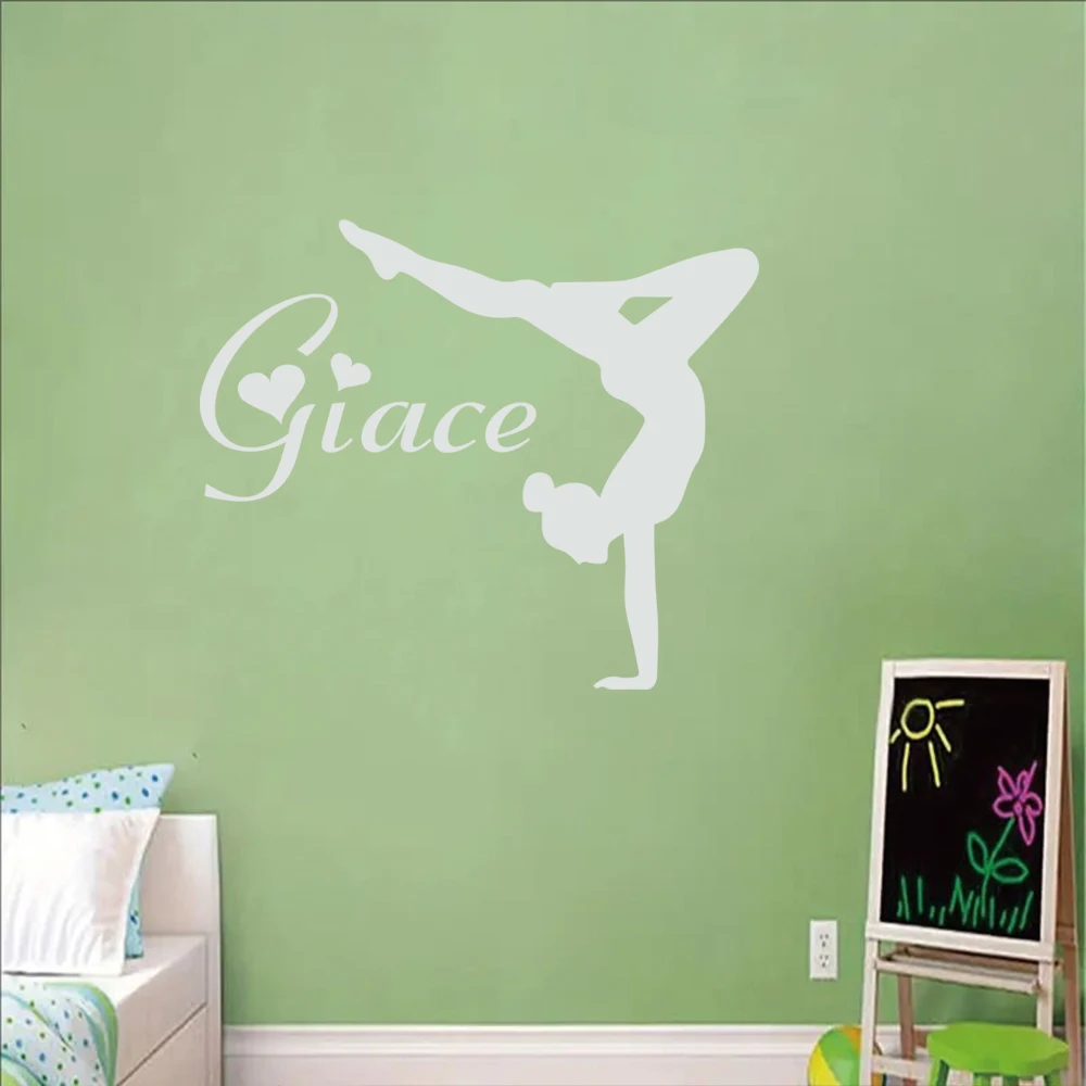 1pc Lovely Personalized Gymnastics with Name Self adhesive Sticker For Girl Bedroom Decor Custom Dancer Vinyl Wallpaper