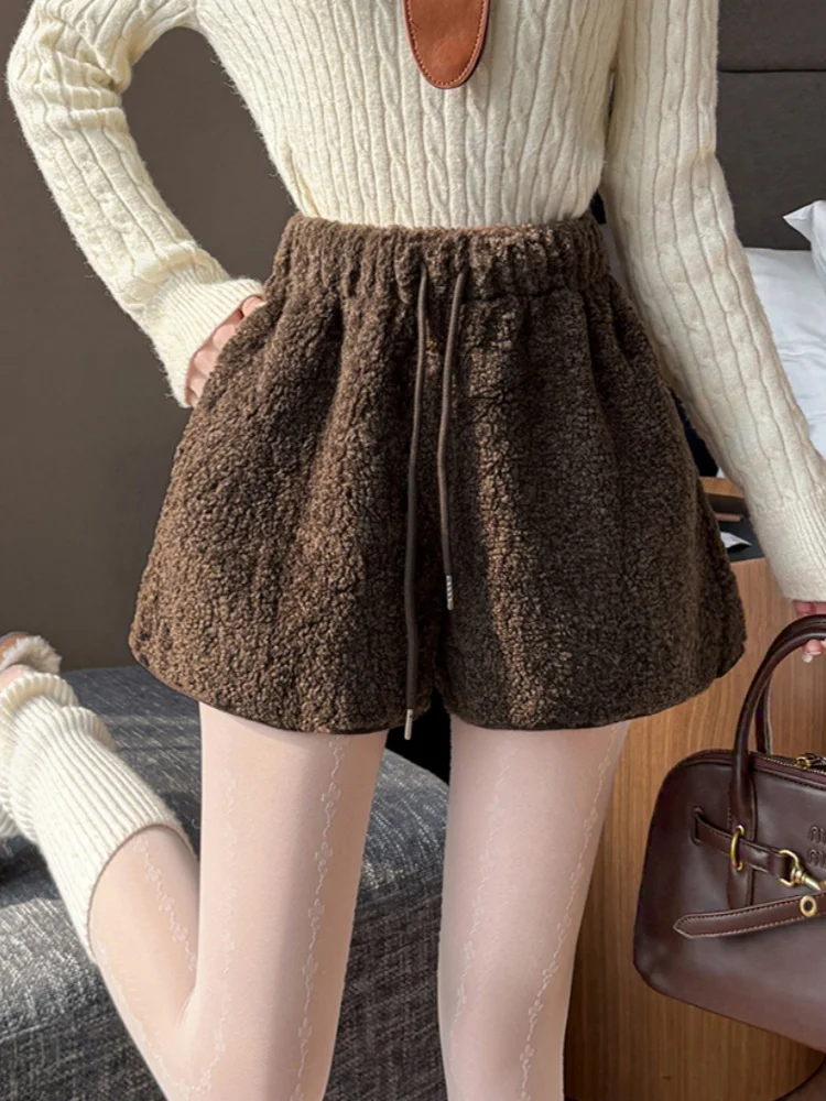 SMTHMA, nuevos pantalones cortos de lana de cordero para otoño e invierno para mujer con cordón, pantalones de pierna ancha con cintura elástica