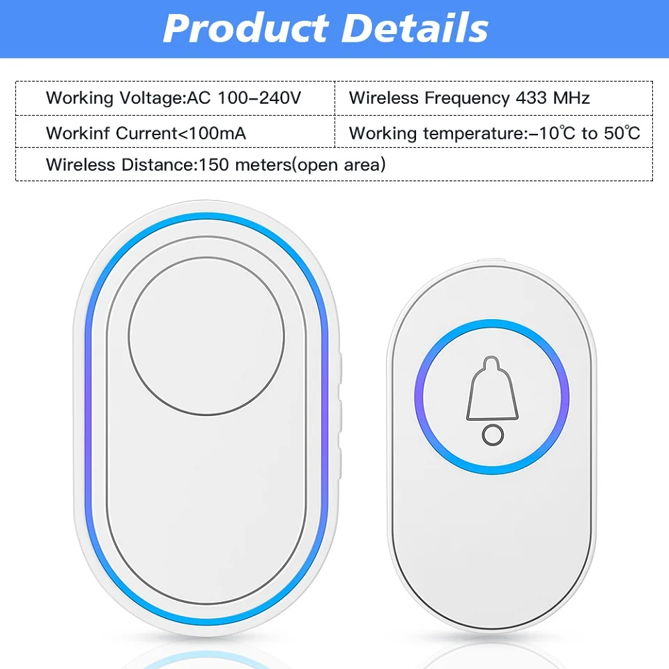 Wsdcam – sonnette de porte intelligente sans fil, Kit carillon, 39 musiques LED, Flash, sonnette de bienvenue, étanche IP65, sécurité