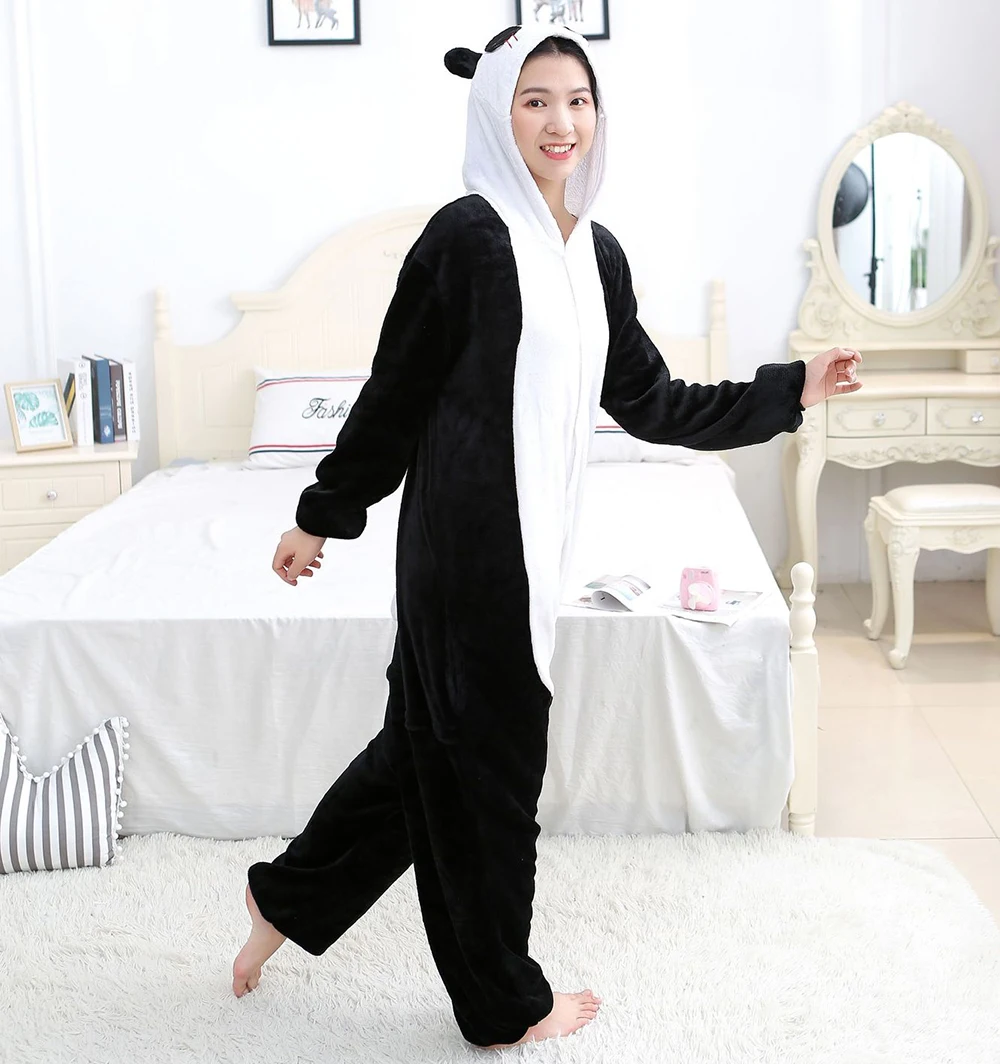 Black and White Panda Flannel Hooded One-piece pajamas Lovely Button Onesie Couple Sleepwear Favorable Comfortable Leisure wear