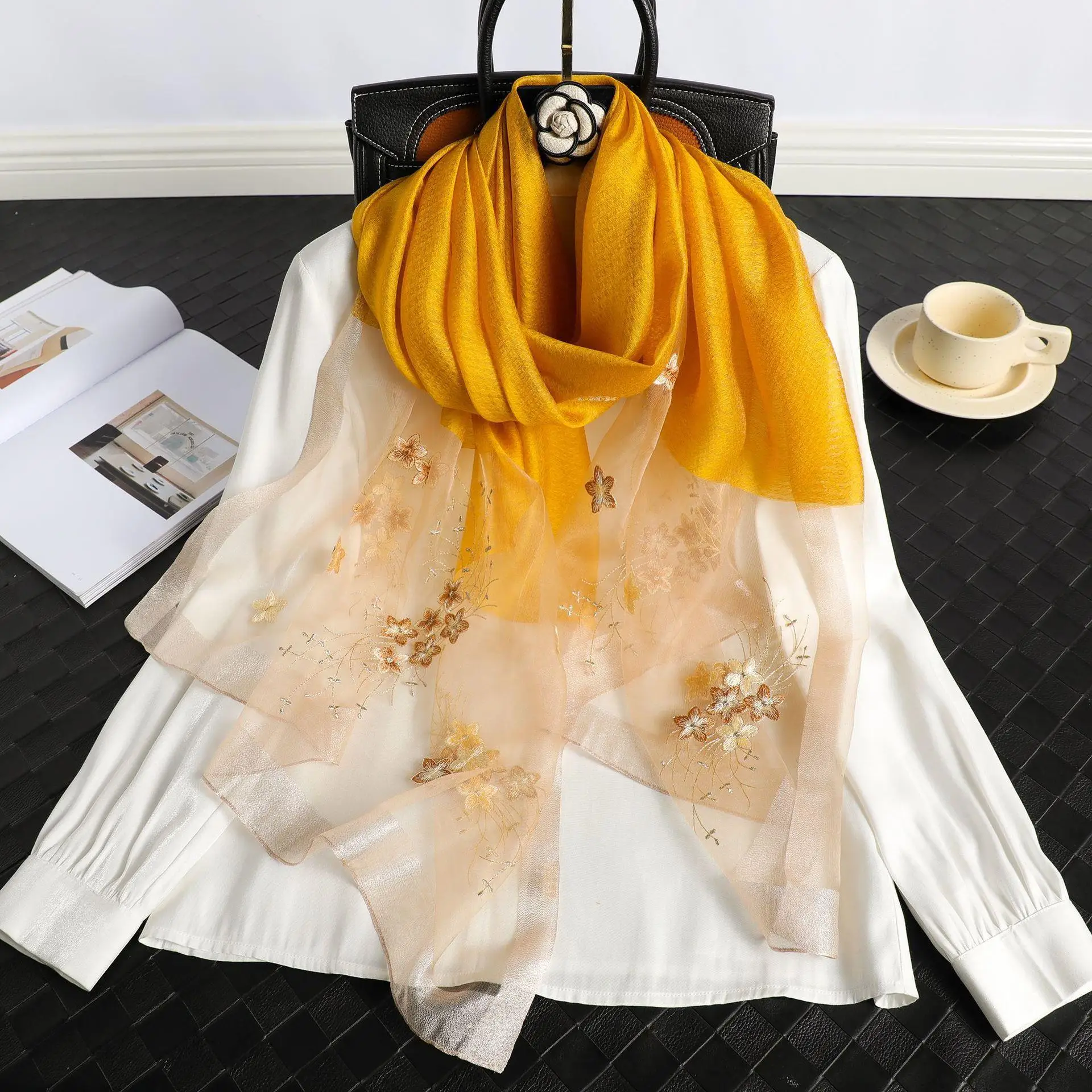 

Free Shipping Women New Embroidered Blossom Silk Wool Elegant Wool Scarf Silk Scarf Pashmina Luxury Brand Woman Scarf Designer