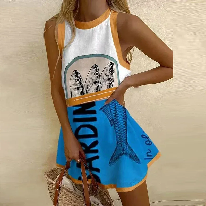 Vintage Printed Mini Dress Women Casual O Neck Sleeveless Tank Dresses For WomeN Beach Party Dress 2025