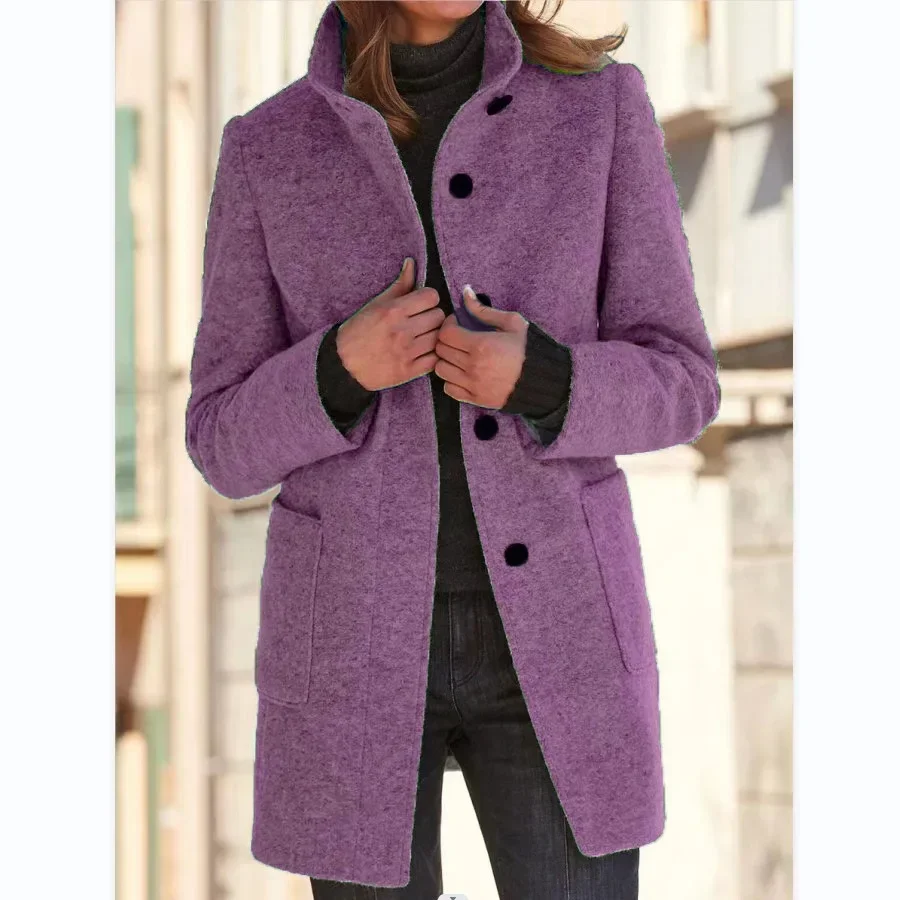 Women Solid Color Long Sleeve Autumn Winter Coat Jacket Single Breasted Button
