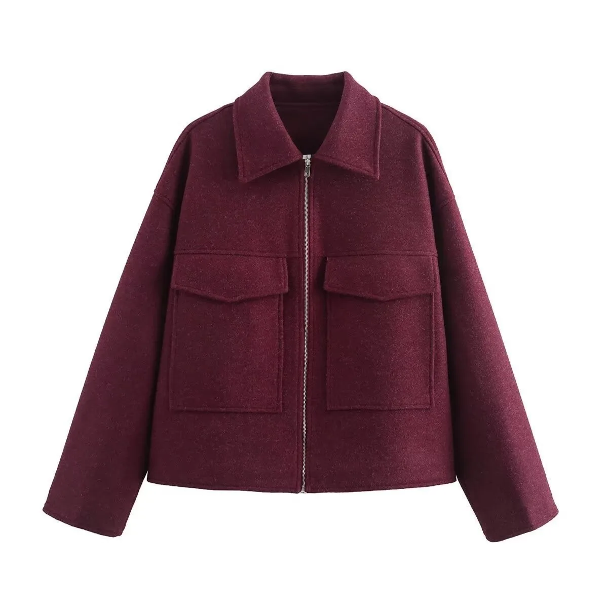 Women's Simple Casual Woolen Coat Spring and Autumn Fashion Zipper Big Pocket Lapel Coat Loose