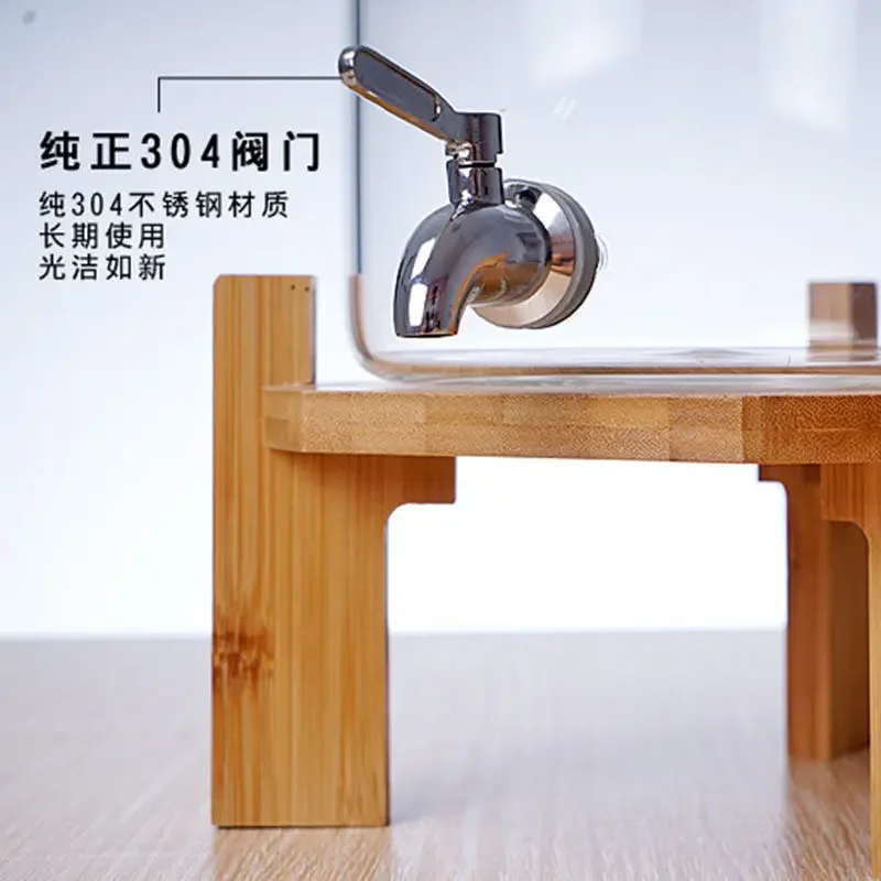 Wooden seat transparent juice tripod glass self-service beverage juice bucket 304 stainless steel faucet cooling kettle