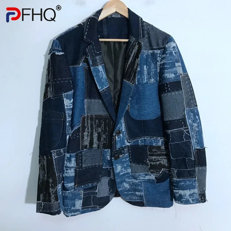 PFHQ Men\'s Hole Denim Patchwork Wearproof Blazers Tide Creativity Personality Worn Out Vintage Autumn Streetwear Jackets 21Z1387