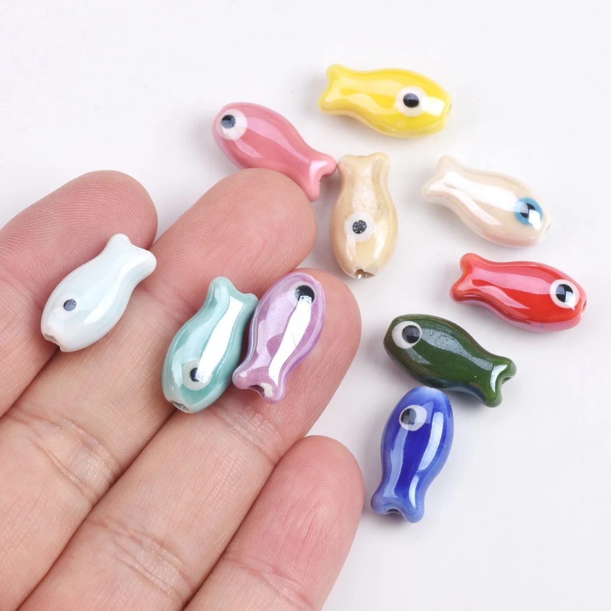 10pcs 19x10mm Fish Shape Handmade Shiny Glossy Glazed Ceramic Porcelain Loose Beads lot for Jewelry Making DIY Crafts