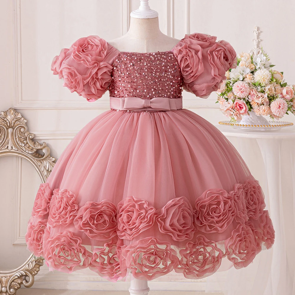 3D Flower Girls Party Princess Dress for Baby Christmas Gown 1-10 Yrs Birthday Bow Tulle Bridemaid Dresses Wedding Kids Clothing