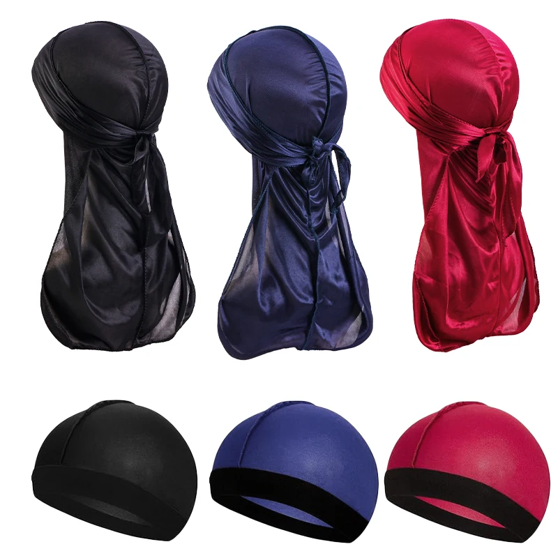 3PCS/LOT Wave Caps With Durag for Men Headwear Soft Elastic Breathable Beanie Turban Cap Headwrap Bonnet Hair Accessories