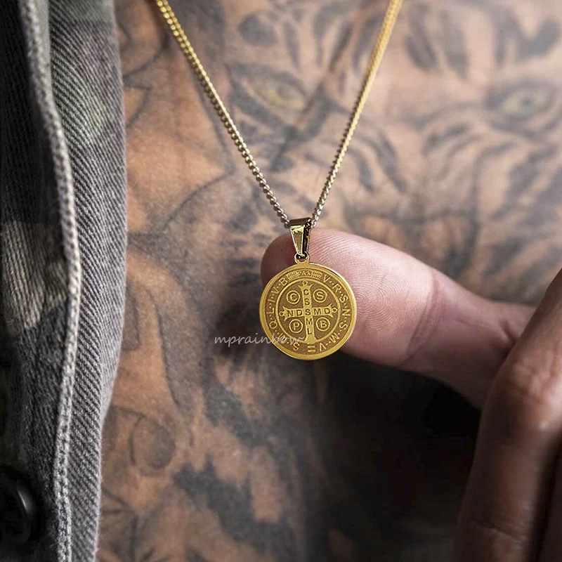 Naszyjnik św. Benedykta Mężczyźni, Medal Biżuterii Religijnej ze stali nierdzewnej, Naszyjnik Amulet św. Benedykta