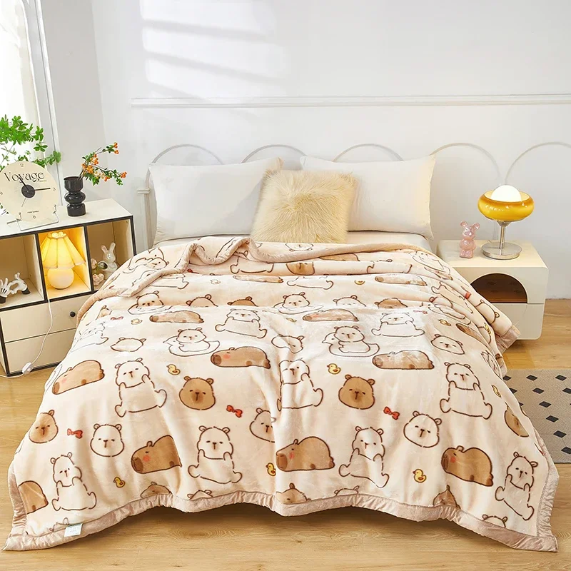Luxury Thickened Raschel Blanket for Bed Sofa Double Layer Thick Warm Autumn Winter Comforter Cute Capybara Soft Plush Blanket