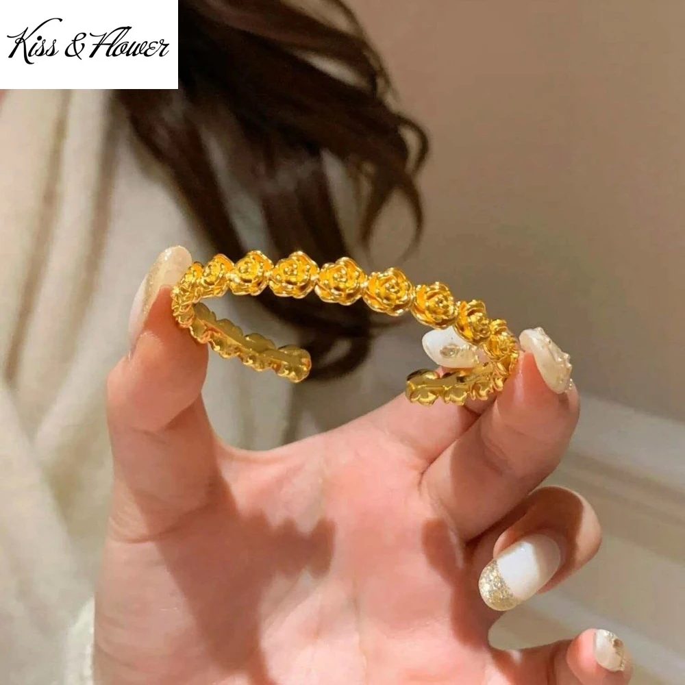 KISS&FLOWER 24KT Gold Vintage Rose Bangle Bracelets For Women Wedding Party Birthday Christmas Bride Mother Girl Gifts BR402