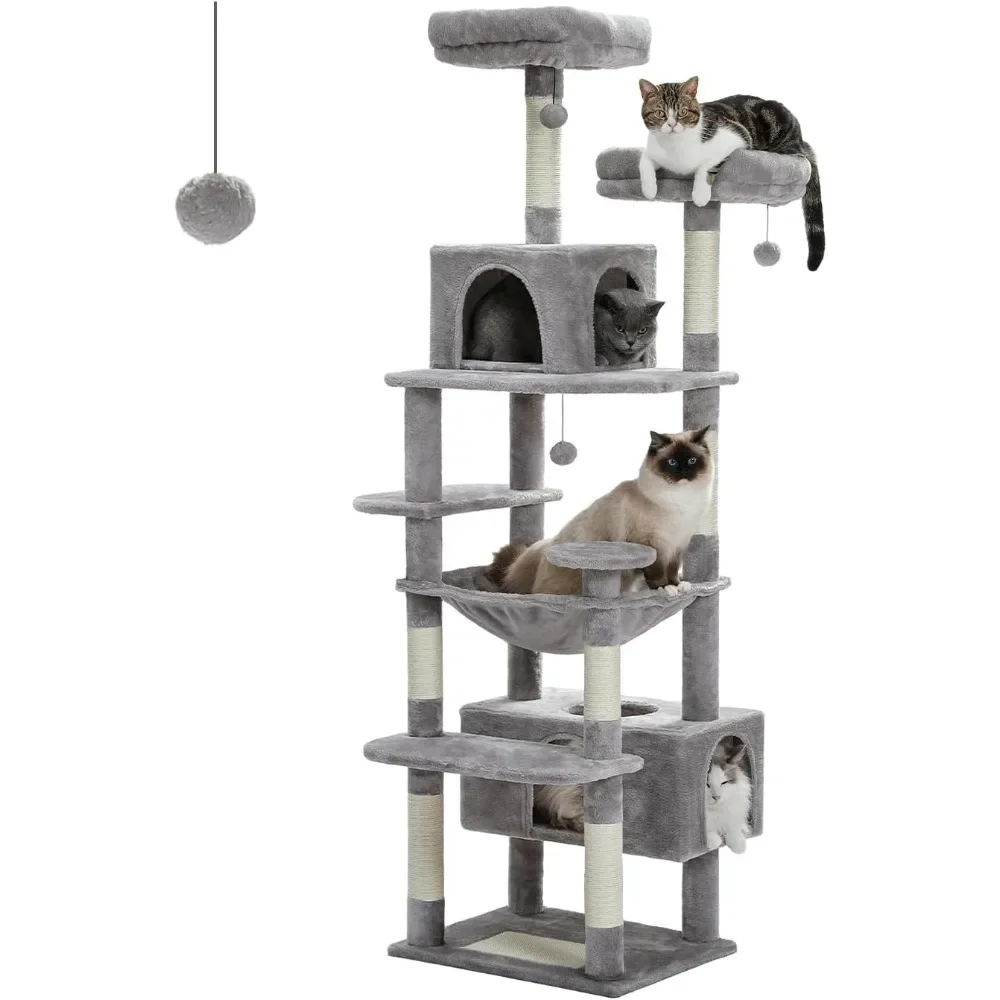 

Large 72 Inch Cat Tree and Tower for Indoor Cats - With Sisal-Covered Scratching Posts, Padded Perches,Condos, and Basket - Gray