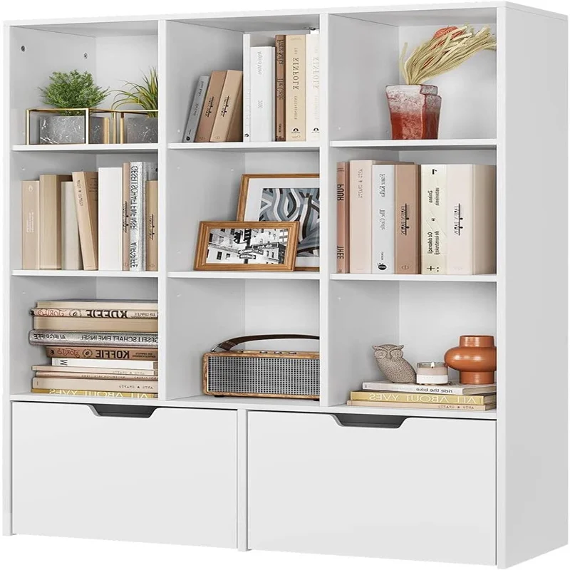 9 Cube Storage Organizer with Drawers, White Bookshelf with Storage, 3-Tier Open Freestanding Shelf, for  Living Room, Office