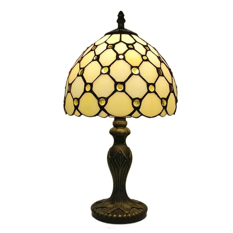 8inch European Classical Stained Glass Beads Beige Lampshade Church Home Night Light Bedroom Bedside Tiffany Art Table Lamp