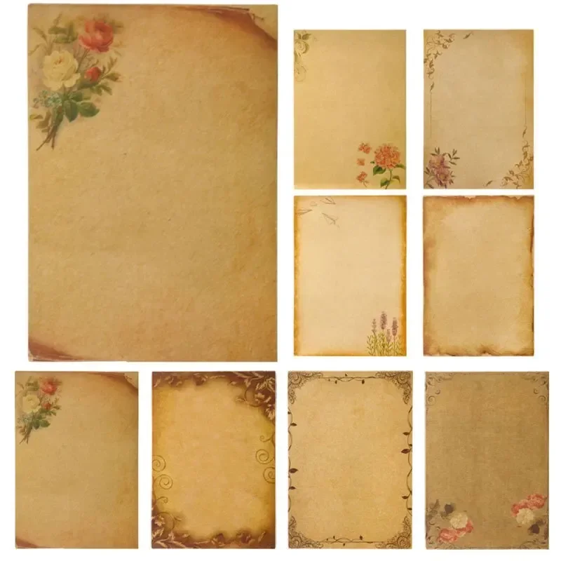 Bloc-notes en papier kraft brun avec motif floral vintage, fournitures scolaires pour croquis de dessin, lettre à en-tête, ensemble de 8 pièces