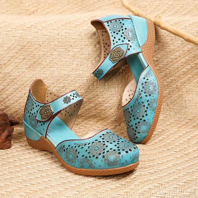 Flower Genuine Leather Hand-painted High Heel Sandals 2024 Summer New Retro Versatile Women's Buckle Strap Shoes Street Style