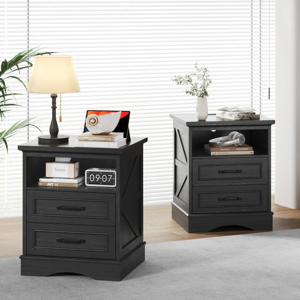 منضدة مزرعة بطول 24 بوصة، ومنضدة ليلية مع محطة شحن، وطاولة بجانب مع أدراج وتخزين مفتوح، وطاولات نهائية ريفية