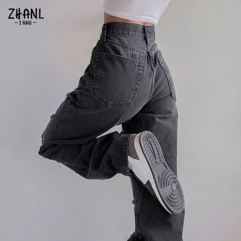 Braun Frauen Gerade Hosen Vintage Schwarz Zerrissene Jeans-Mode Streetwear Loch Hüfte Hop Hohe Taille Hosen Y2k Denim Hosen Damen