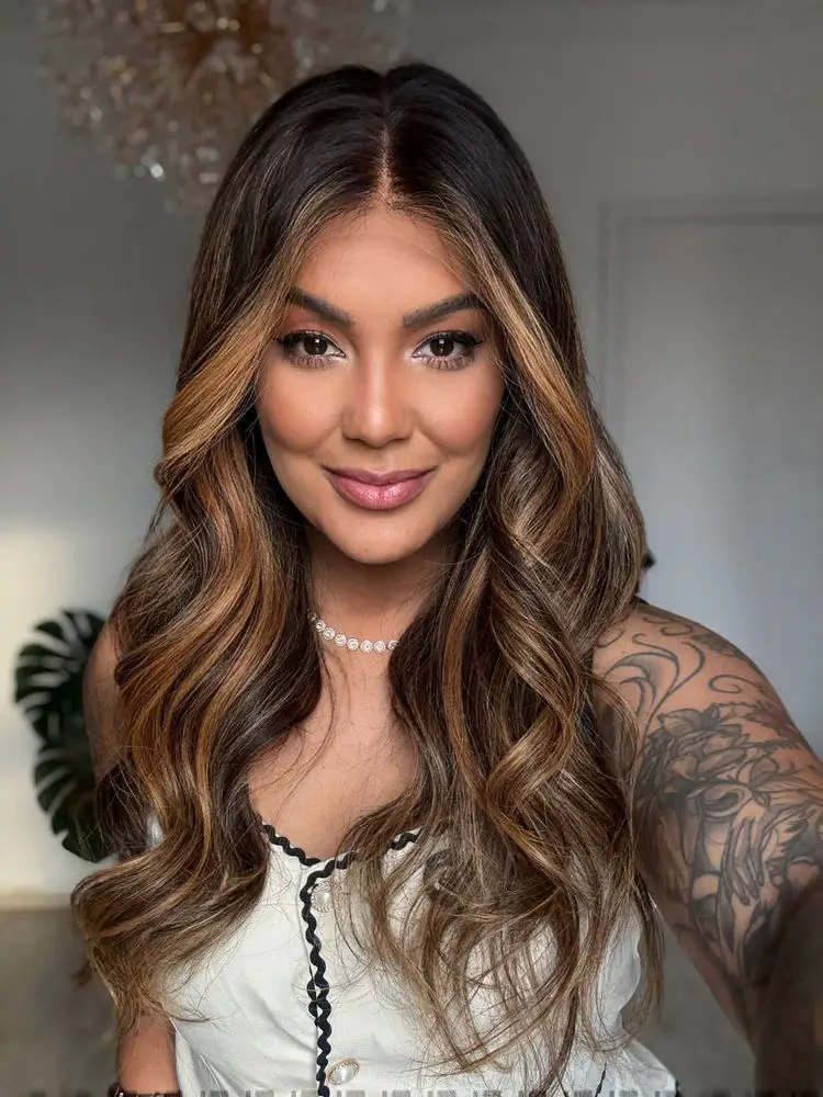 Diversified Highlight Dark Chocolate Brown Synthetic Lace Top Wigs Body Wave Long Length Futura Wig High Density Glueless Hair