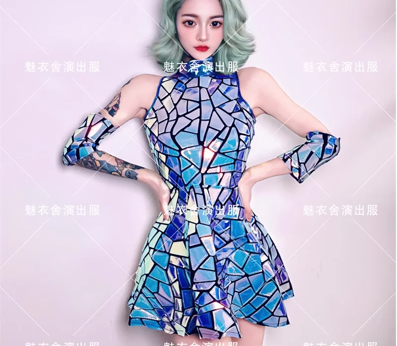 

Nightclub DJ Dance Dress Mirror Holographic Irregular Splicing Singer Stage Wear Woman Perform