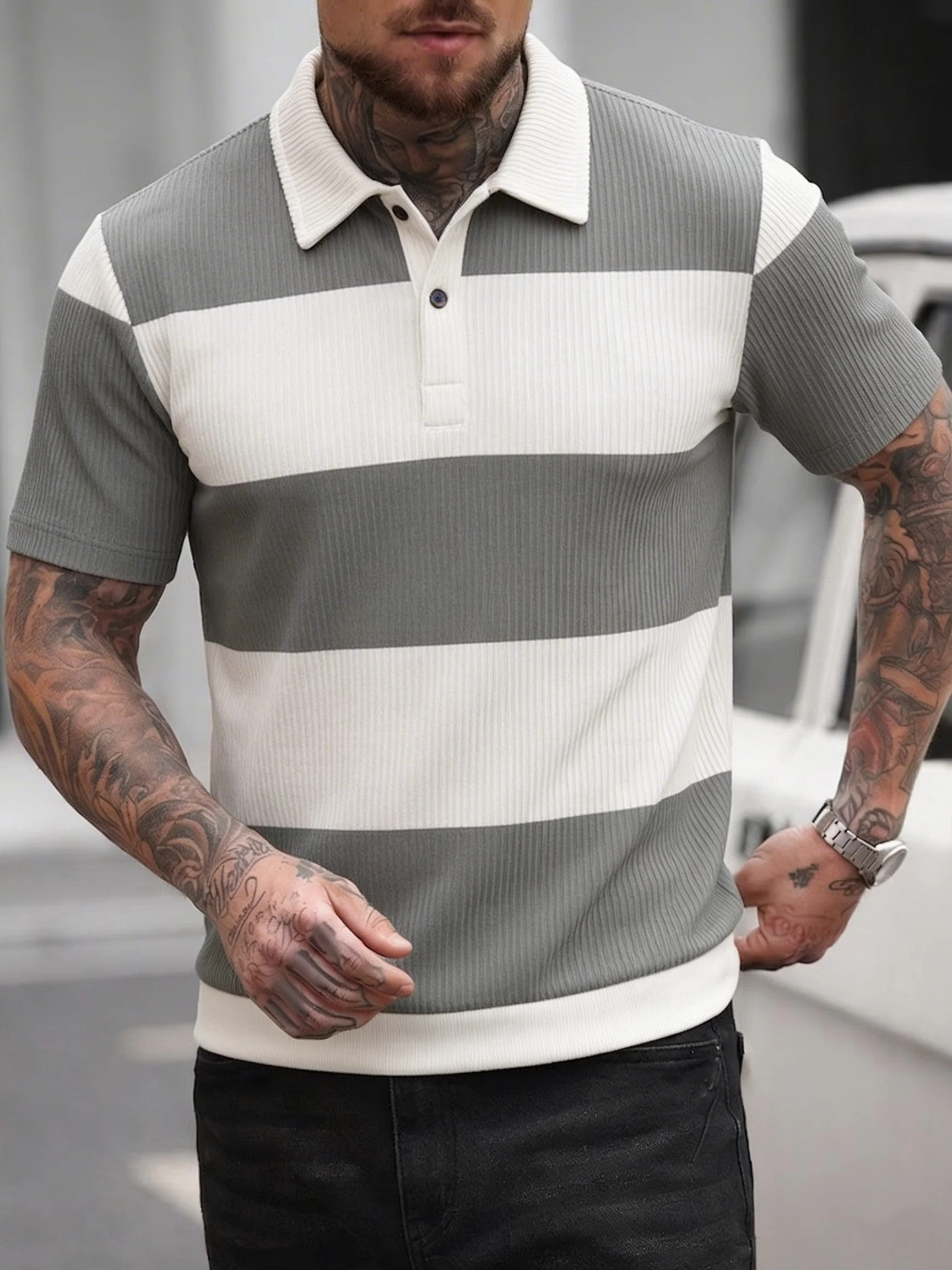 Men's Summer Gray-White Stripe - Polo Shirt Pique recension och pris
