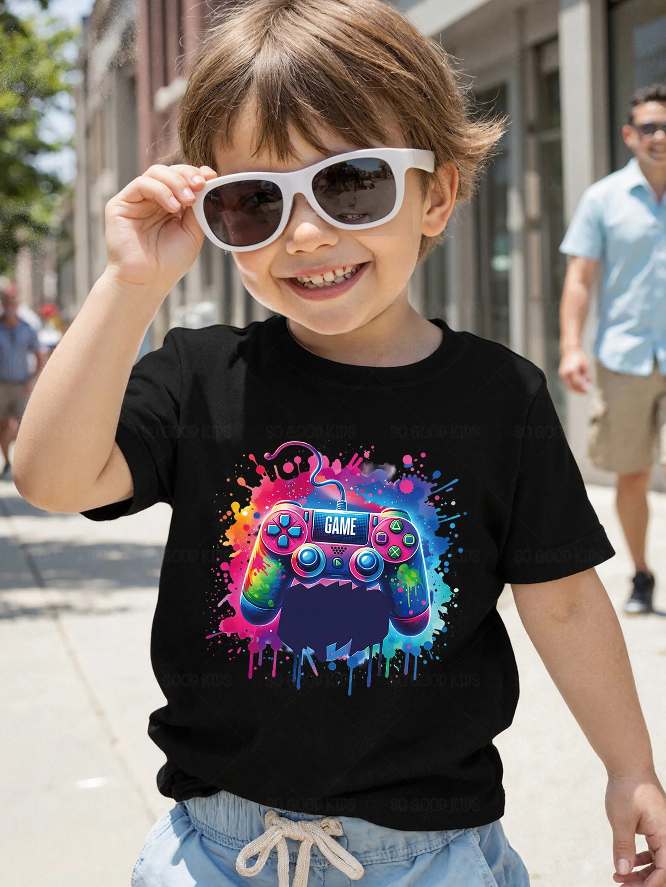 Colorful Splash Graffiti Game Controller Cartoon Graphic Kids T Shirt Boys Girls Family Matching Summer Crew Neck Casual Tee