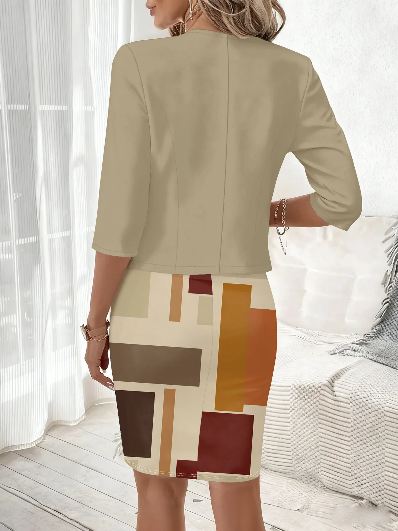 Women 2 Piece Outfit Color Block Geometric Print Sleeveless Bodycon Midi Dress  3/4 Sleeve Open Front Jacket Set Office Party M