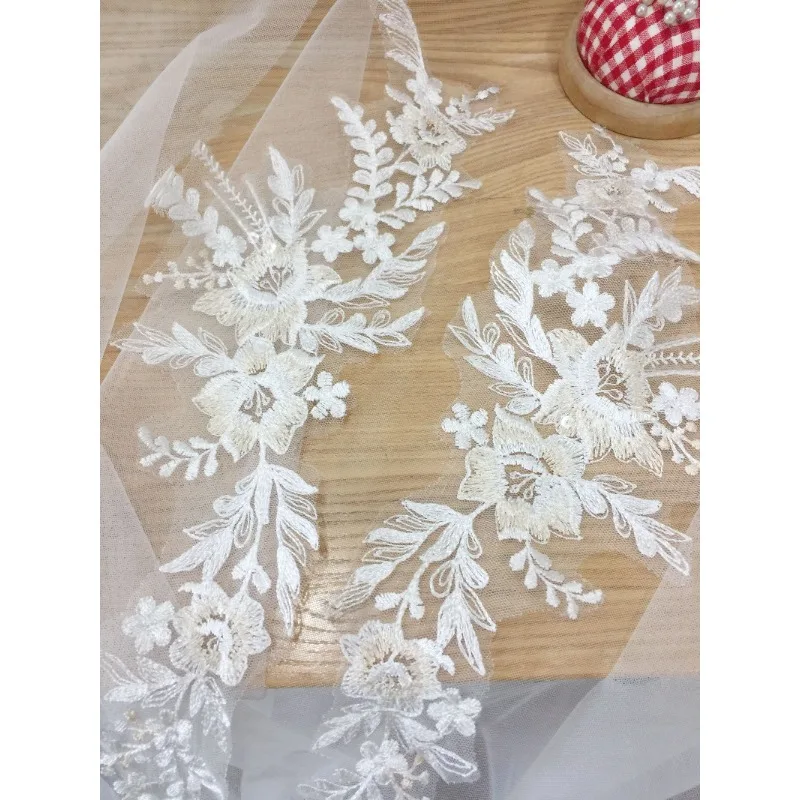 3pair/lot Champagne Line Mesh Embroidery Sequin Lace Applique Flowers for Wedding Dress Veil Bag Decoration DIY Shoe Patch