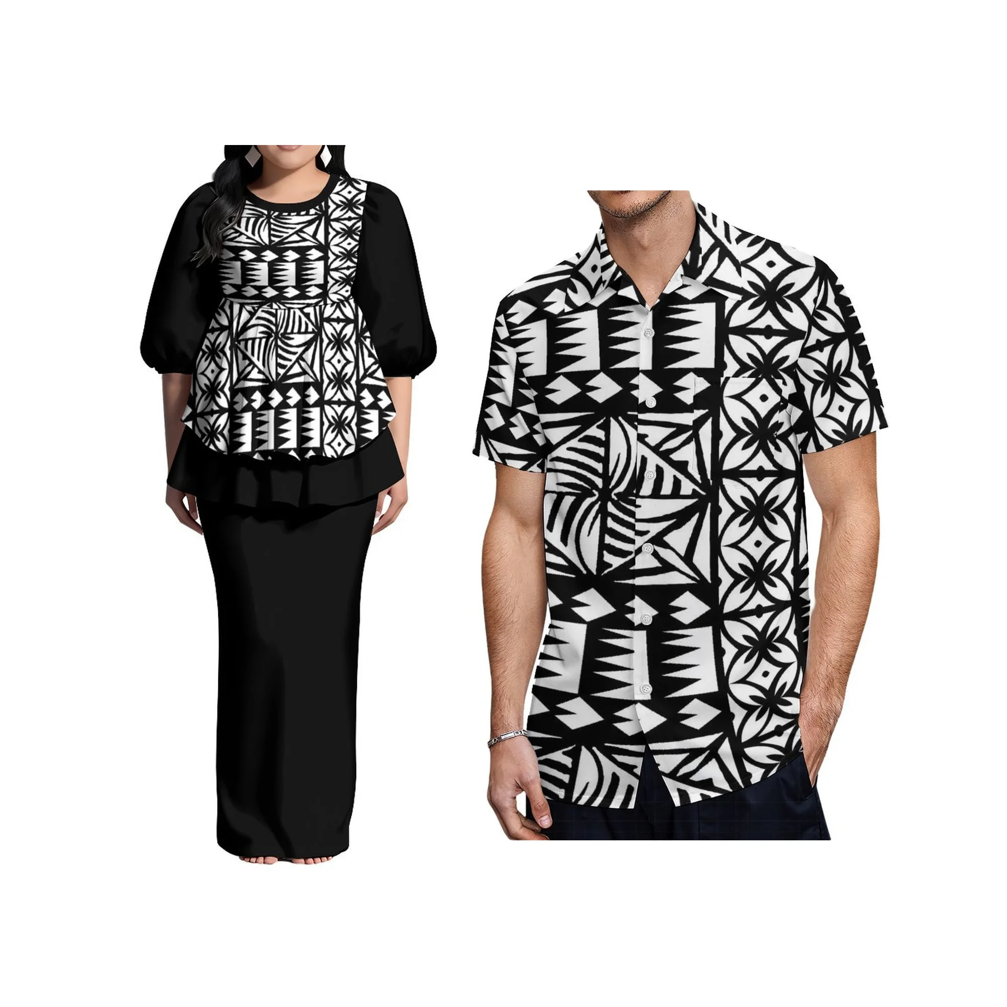 تصميم مخصص فستان أبيض للسيدات Puletasi فستان ساموا مطبوع بولينيزيا منتفخ نصف كم طويل ماكسي فستان بفتحة خلفية 2 قطعة