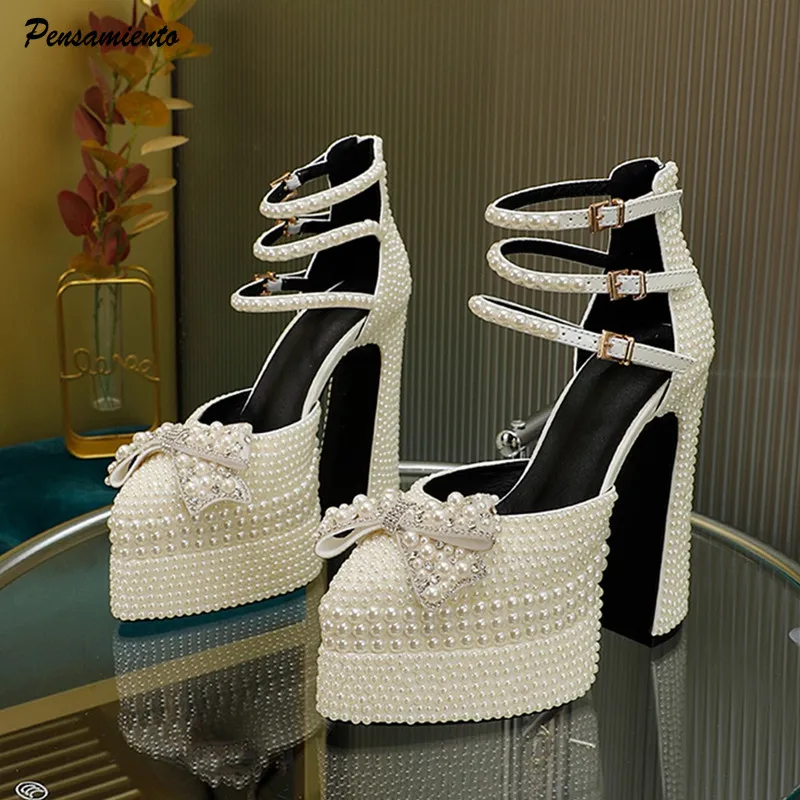 Luxury Handmade Full Pearls Rhinestones Bowknot Women Pumps Fashion Ankle Strap Platform Wedges High heels Banquet Wedding Shoes