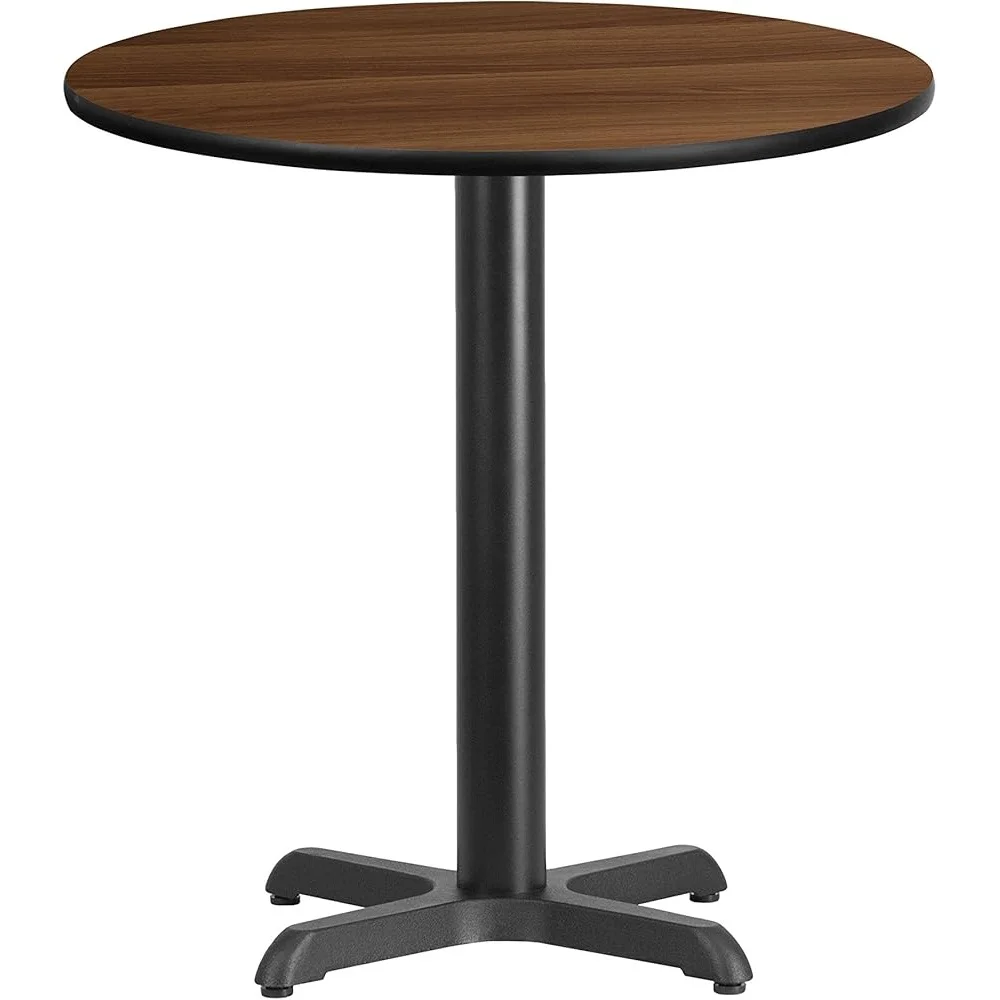 24'' Round Walnut Laminate Hospitality Table Top with 22'' x 22'' Height Base Black T-Mold Protective Edging Easy Care Durable