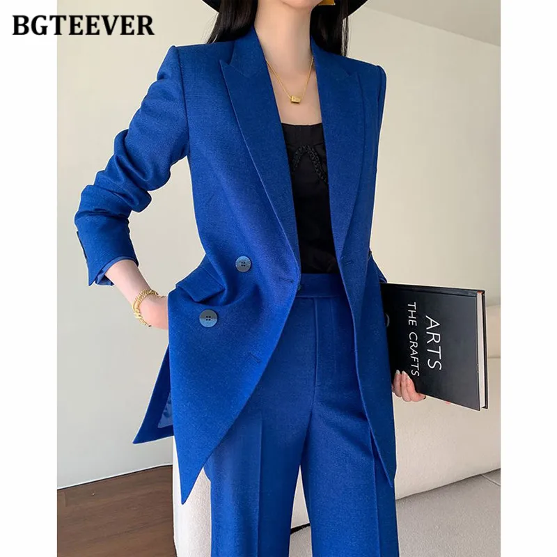 

BGTEEVER Stylish 2 Pieces Trousers Set Women Double Breasted Suit Jackets & High Waist Pants Suits Women Autumn Outfits