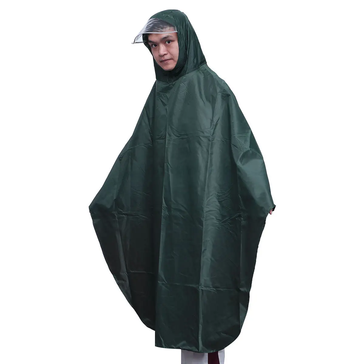 

Safe Reflective Bike Raincoat Long Unisex Army Green Oxford Fabric Large Hat Brim Lightweight Rain Poncho for Riding Camping